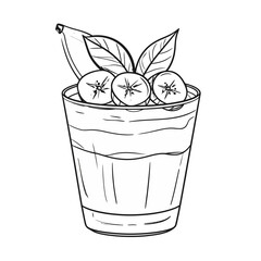 Hand-drawn sketch of a layered banana dessert in a glass, garnished with fruit slices and fresh leaves.