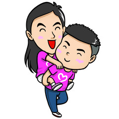 Cute cartoon couple piggybacking and laughing together