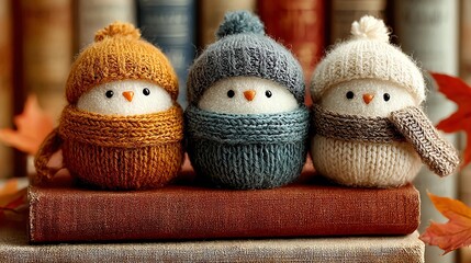 Fototapeta premium Cheerful handmade snowmen adorned in colorful knitted hats and scarves, perfect for celebrating the winter season and adding a cozy touch to your home.