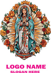Virgin of Guadalupe Vector Logo Traditional Mexican Religious Icon on White Background .