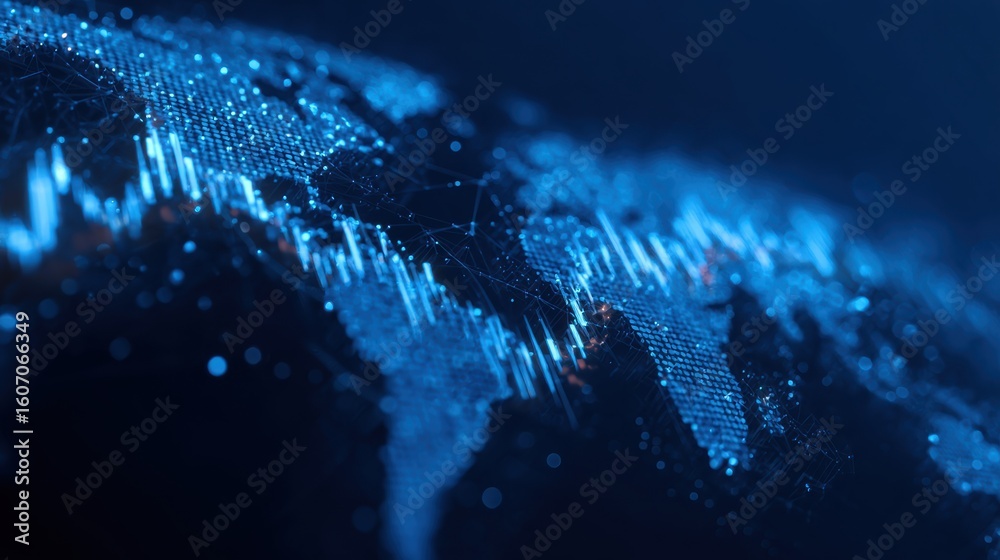 Poster abstract digital world map with glowing data points and visualizations in blue tones, representing g