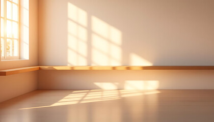 Obraz premium Minimalist Room Interior Design with Wooden Shelf and Sunlight Streaming Through Window