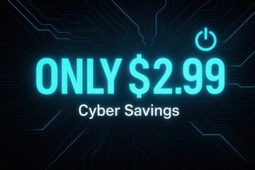 Promotional graphic featuring "Only $2.99 Cyber Savings" with a glowing power symbol on a dark circuit board background, ideal for technology sales and discounts.