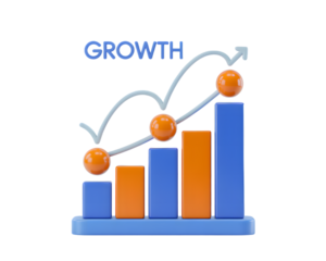 3D Render of a Bar Chart Showing Growth with an Arrow and the Word Growth on transparent background