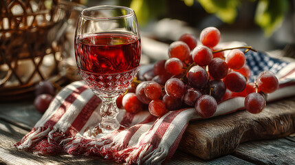 Independence day celebration. Fresh grape American flag wine glass outdoor wooden table summer celebration ,barbecue party outdoor, 4th of july gathering, family patriotic celebrating usa holiday