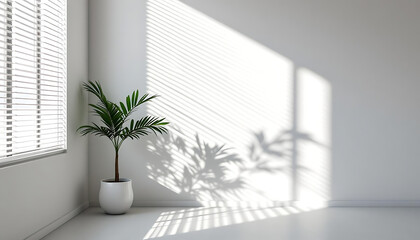 Minimalist White Room Interior Design with Plant and Window Light Shadow