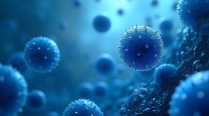 A 3D illustration of blue virus cells or pathogens floating in a microscopic environment. Ideal for science, medicine, and healthcare topics like disease and immunology.