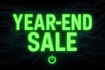 Glowing green "Year-End Sale" text on a dark background featuring circuit-like patterns, symbolizing technology, discounts, and promotions.