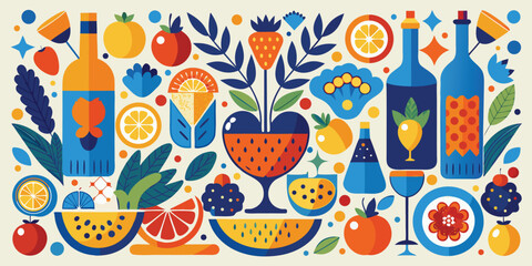 Illustration in blue and white displaying different kitchen utensils, including a ladle, peeler, and mixing bowl..eps