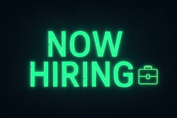 Neon green "Now Hiring" sign with a briefcase icon symbolizes job opportunities and recruitment on a dark digital circuit background.