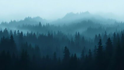 Misty evergreen forest landscape, dense pine trees on rolling hills shrouded in fog, serene nature scenery with dark teal color palette
