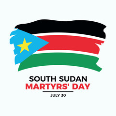South Sudan Martyrs' Day poster vector illustration. Grunge flag of South Sudan icon vector. Paintbrush South Sudan Flag symbol. Template for background, banner, card. July 30. Important day