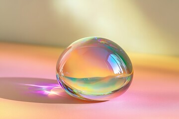 Iridescent glass sphere on soft pastel gradient surface
