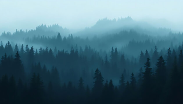 Misty evergreen forest landscape, dense pine trees on rolling hills shrouded in fog, serene nature scenery with dark teal color palette