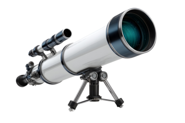 White astronomical telescope on a tripod isolated on transparent background