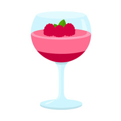 Elegant raspberry mousse dessert in a rounded glass, garnished with fresh berries and mint.