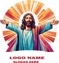  Jesus of Nazareth Logo Elegant Christian Vector with Open Arms and Radiant Light on White Background .