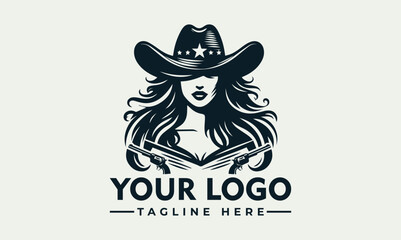 Graphic depiction of a woman in a cowboy hat holding two guns, suitable for a logo design.