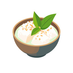 Illustrated bowl of sweet tofu dessert with a creamy green sauce, topped with fresh leaves and toasted coconut.