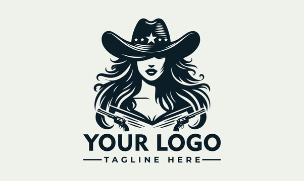 Graphic depiction of a woman in a cowboy hat holding two guns, suitable for a logo design.