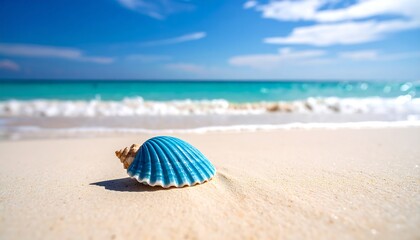 Seashell on beach, blue, sunny