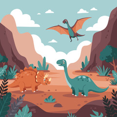 Obraz premium Dinosaurs playing in a valley, cartoon vector illustration for kids, cover for children's notebooks