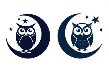 Stylized owls sit on crescent moons under starry skies, representing nighttime and wisdom