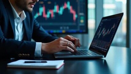 Stock market investment. Financial and banking Technology. Businessman analyzing economic growth graph financial data on laptop. Business strategy and digital marketing concept.. - Powered by Adobe