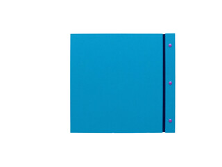 Blue folder with elastic band and purple fasteners on white background document paper