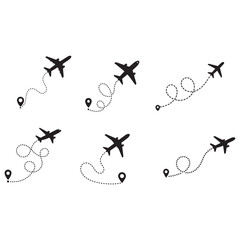 Line path vector icons of an airplane 
flight routes with start point and dash line trace vector