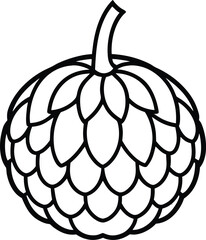 Custard apple fruit line vector illustration in black and white tropical botanical style perfect for prints and labels, Custard apple outline drawing, Annona fruit line vector, Exotic tropical fruit