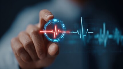 Close-up of a hand adjusting a digital heart rate monitor on a screen, symbolizing health technology.