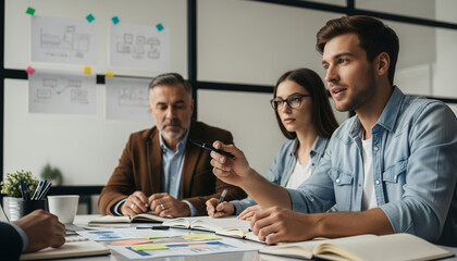 Business discussion between diverse colleagues during a collaborative session involving strategy planning and idea development.