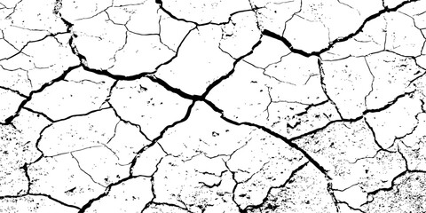Cracked, parched earth texture in black and white with bold fissures and dry, fragmented patterns—ideal for desert, drought, or climate crisis visuals in design, illustration, or concept art.