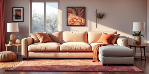 Fototapeta premium Soft, plush sofa dominates a warm, inviting living room, blankets, style