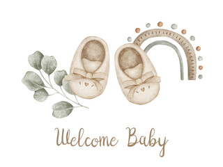 Watercolor illustration of baby shoes with eucalyptus leaves and rainbow. Soft beige tones create a gentle, pastel newborn card. Perfect welcome design for baby announcements. © Karina Martirosova