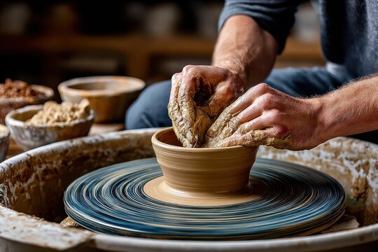 Artisan creates pottery on a spinning wheel in a workshop at midday