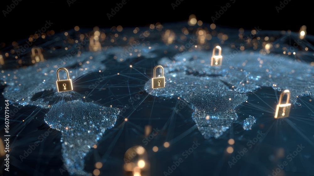 Poster digital security illustration featuring a global network with padlocks representing cybersecurity an