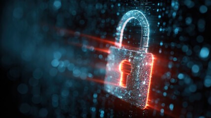 Digital padlock symbolizing cybersecurity and data protection in a vibrant, high-tech environment.