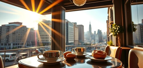 Sunlight streams into a city cafe, espresso cups and pastries on a table overlooking the cityscape, skyscrapers, glass