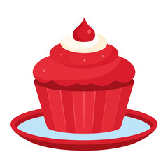 Vibrant red cupcake with swirled frosting, a cream dollop, and a cherry-like drop on a small plate.