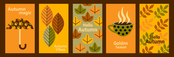 Autumn simple poster set. Autumn flyer set of designs Scandinavian mosaic. Banner autumn elements. Autumn design poster. Vector illustration.