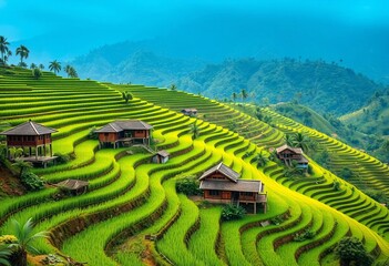 Traditional Indonesian terraced houses nestled amongst lush green rice paddies,  Balinese,  ecology