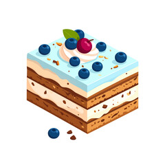 A rectangular slice of layered cake with cream filling, blue frosting, blueberries, and a cherry.