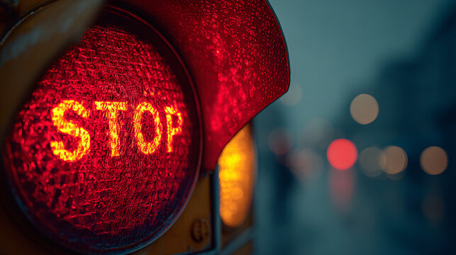 A vibrant red stop light boldly signals drivers to halt at an intersection in the evening cityscape. - Powered by Adobe
