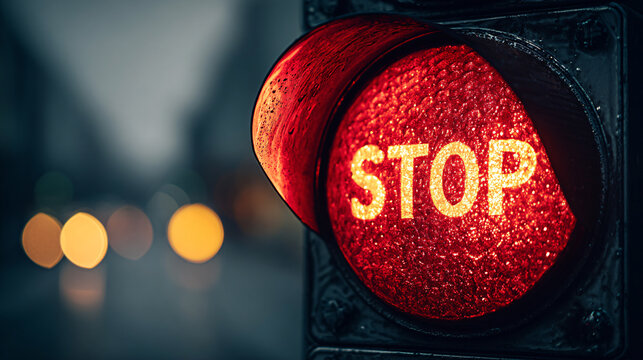 A red stop light glows brightly at a road intersection with blurry street lights in the background at night.