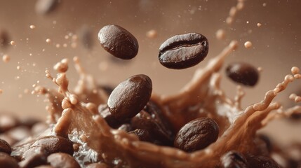 Obraz premium Dynamic coffee splash capturing the essence of freshness and energy with flying coffee beans.