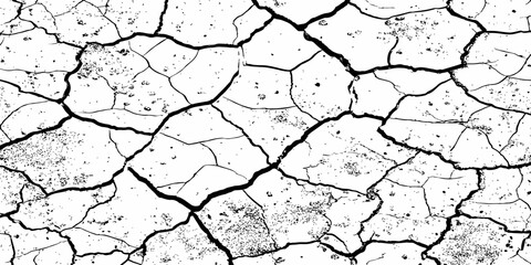 High-contrast black and white cracked earth texture with scattered dark spots and deep fissures, evoking themes of drought, dryness, and climate impact. Ideal for backgrounds or environmental design.
