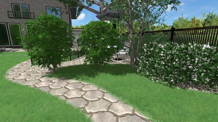 3d image of the landscape design of the home territory. Landscaping of the territory. Computer visualization of composite landscaping and landscaping solutions.