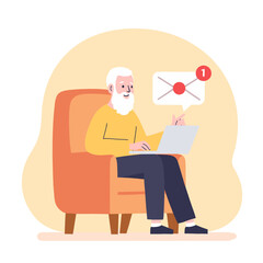 Grandfather checking email. Elderly man using laptop. Senior reading message online. Old man browsing internet. Elderly set